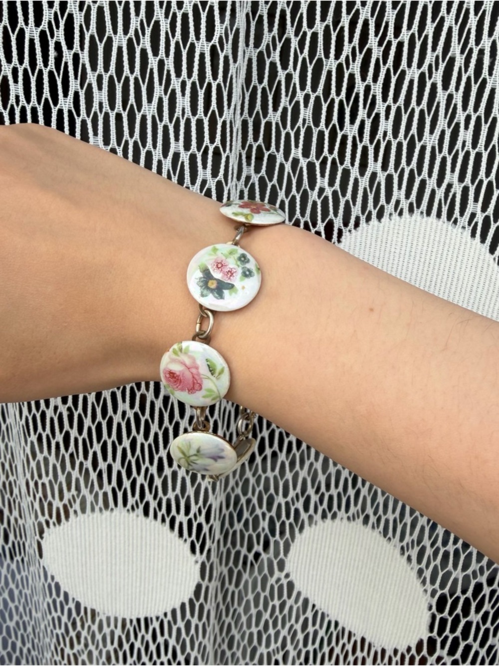 Vintage Floral Porcelain Disc Bracelet — White with Pink & Green Accents